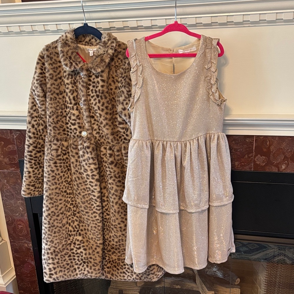 Tahari Faux Fur Coat & Gold Dress set Sz 8
